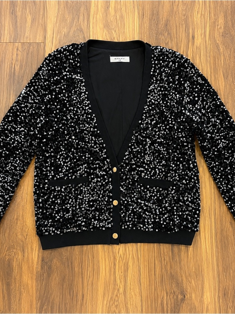 Bailey 44 Black Sequin Cardigan Jacket Gold Buttons Size L